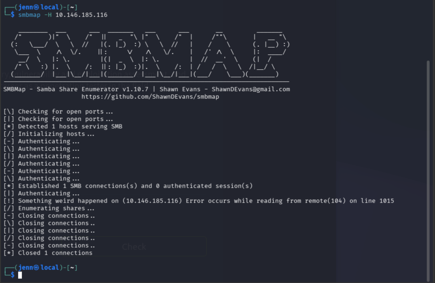 smbmap output showing share permissions and the nt4wrksv share